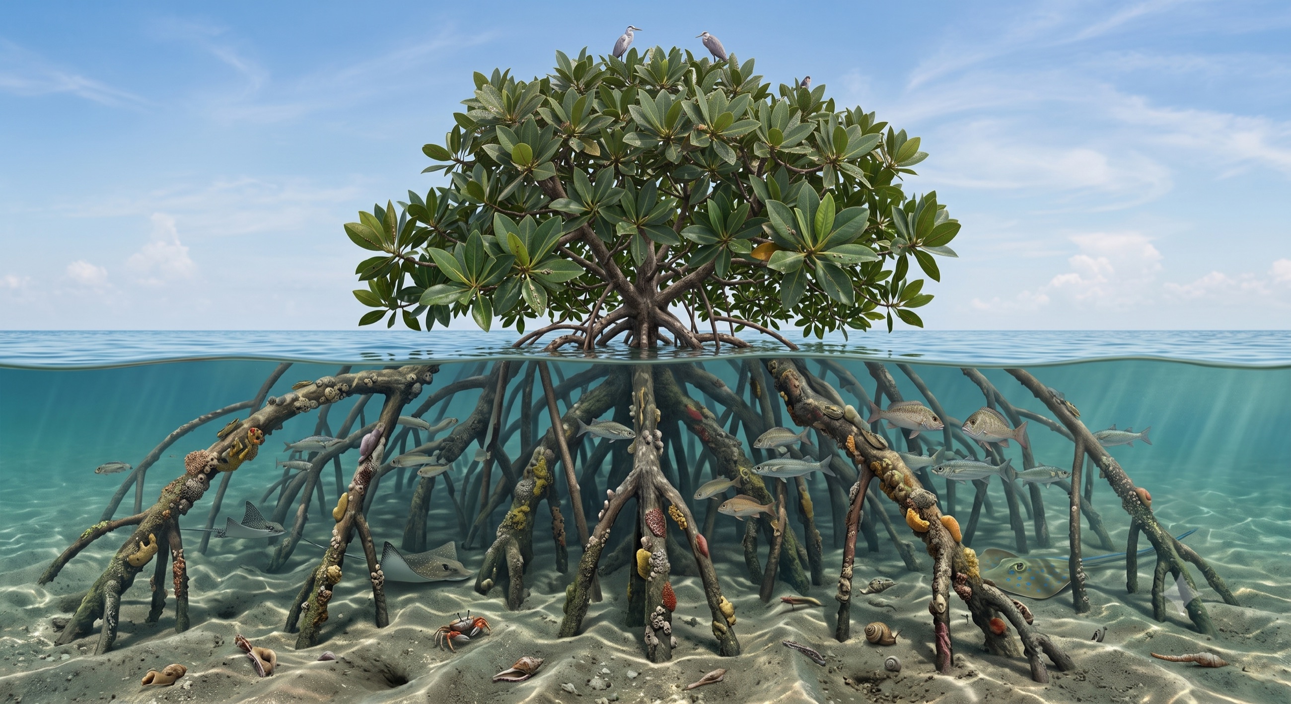Pohon mangrove tampak belah: kanopi di atas permukaan, akar tunjang dan kehidupan laut di bawah air